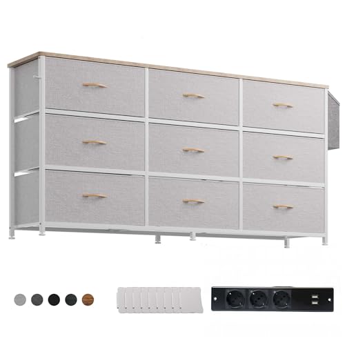 PURFINO Kommode mit Stoffschubladen - Großer TV-Ständer für 43-60 Zoll Fernseher mit 9 Schubladen, Etikettenkarten, Seitentasche & Haken, Stoffkommode für Wohnzimmer, Flur, Schlafzimmer von PURFINO