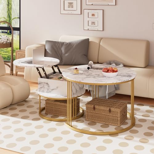 PURFINO Runder Couchtisch 2er Set – 70cm/50cm Nesting-Tischset, Hydraulisch Höhenverstellbar mit Verstecktem Stauraum, Kaffeetisch für Wohnzimmer, Kleine Räume, Home Office PURFINO Runder Couchtisch 2er Set – 70cm/50cm Nesting-Tischset, Hydraulisch Höhenverstellbar mit Verstecktem Stauraum, Kaffeetisch für Wohnzimmer, Kleine Räume, Home Office von PURFINO