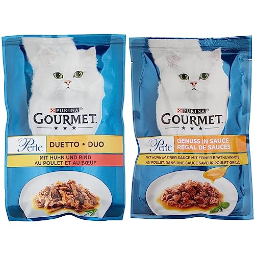 PURINA GOURMET Perle Duetto Katzenfutter nass, mit Huhn und Rind, 26er Pack (26 x 85g) & Perle Genuss in Sauce Katzenfutter nass, mit Huhn, 26er Pack (26 x 85g) von Purina