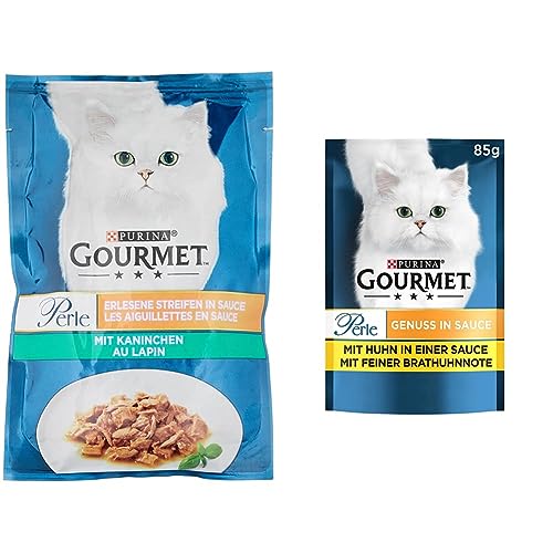 PURINA GOURMET Perle Erlesene Streifen Katzenfutter nass, mit Kaninchen, 26er Pack (26 x 85g) & Perle Genuss in Sauce Katzenfutter nass, mit Huhn, 26er Pack (26 x 85g) von Purina