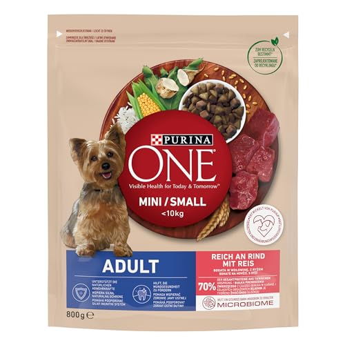 PURINA ONE Mini/Small Adult Hundefutter trocken für kleine Hunde, reich an Rind & Reis, 8er Pack (8 x 800g) von PURINA ONE