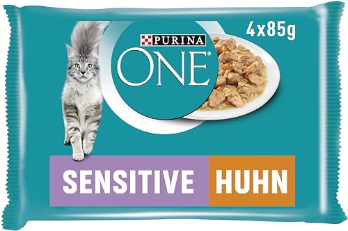 PURINA ONE Sensitive Katzenfutter Nass, zarte Stückchen in Sauce mit Huhn, 12er Pack (12 x 4 à 85g) von PURINA ONE