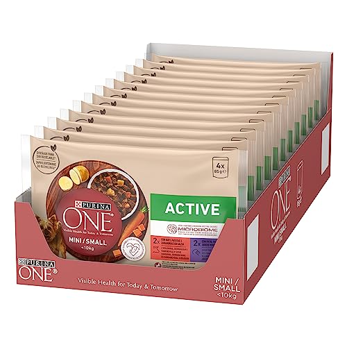 Purina ONE Mini <10 kg Nassfutter für kleine aktive Hunde mit Ochsen und Ente, 12 Packungen mit 4 Beutel à 85 g – 48 Beutel von PURINA ONE