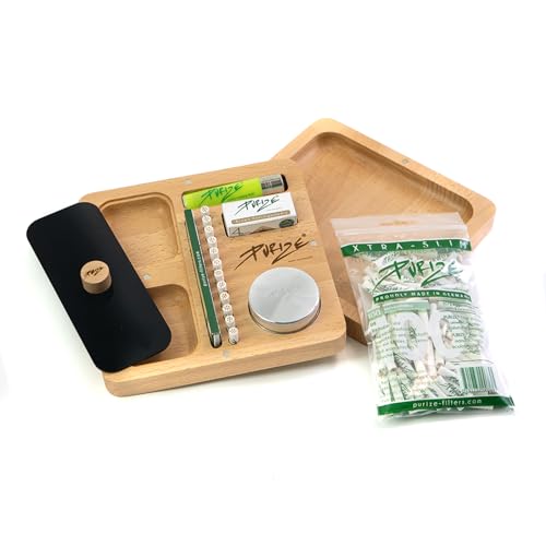 PURIZE® Square KIT - Premium Buchen-Holz Rolling Tray Set - Komplett-Set mit Grinder, Papers, Rolls und Filtern - Magnetfächer - Made in Germany von PURIZE