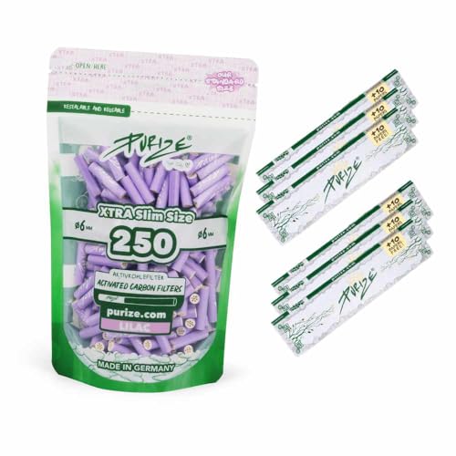 PURIZE Bundle 250 Stück Xtra Slim Size Aktivkohlefilter 5,9mm + 6 Päckchen (252 Blättchen) PURIZE Long Papers (Flieder) von PURIZE