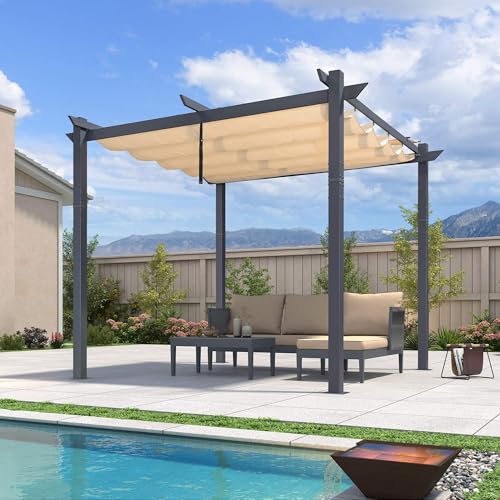 PURPLE LEAF 3 x 3 m Pergola, Alu Pavillon Holzoptik Wasserdicht Stabil Winterfest, Gartenpavillon mit Sonnenschutz Überdachung, Beige von PURPLE LEAF