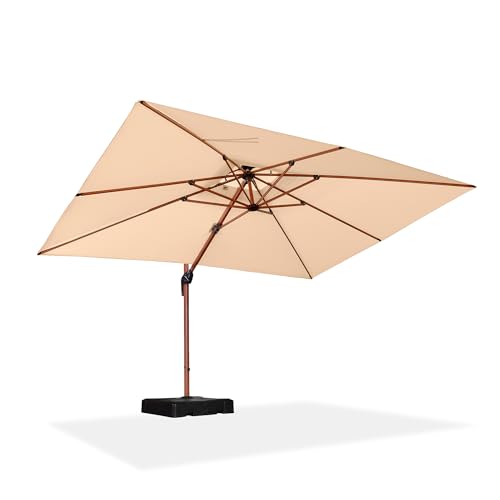 PURPLE LEAF Alu Holzoptik Ampelschirm Rechteckig 270 x 365 cm Rechteckig Sonnenschirm Groß 360°Drehbar Gartenschirm mit Kurbel, Beige von PURPLE LEAF