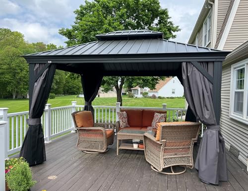 PURPLE LEAF Alu Pavillon 3 x 4 m Wasserdicht Stabil Winterfest Gartenpavillon mit Seitenteile Hardtop Pavillon mit Stahldach, Grau von PURPLE LEAF
