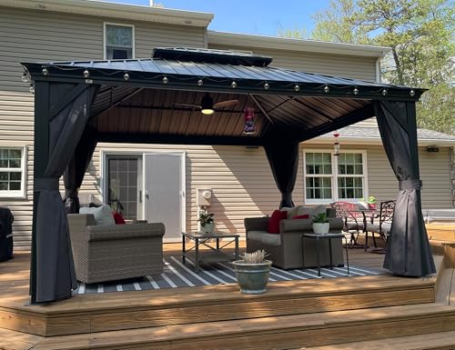 PURPLE LEAF Alu Pavillon 3 x 4.25 m Wasserdicht Stabil Winterfest Gartenpavillon mit Seitenteile Hardtop Pavillon 14.6 m 24 LED Lichterketten, Grau von PURPLE LEAF