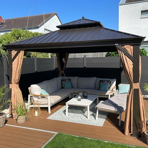 PURPLE LEAF Alu Pavillon 3.65 x 3.65 m Wasserdicht Stabil Winterfest Gartenpavillon mit Stahldach Hardtop Pavillon mit Seitenteile, Bronze von PURPLE LEAF