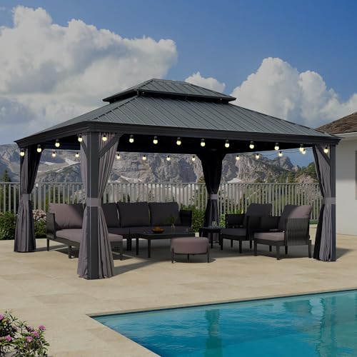 PURPLE LEAF Alu Pavillon 4 x 4.6 m Wasserdicht Stabil Winterfest Gartenpavillon mit Stahldach Hardtop Pavillon 14.6 m 24 LED Lichterkette Glühbirnen für Carport, Grau von PURPLE LEAF