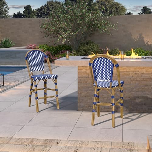 PURPLE LEAF Barhocker 2er Set, Aluminium Gartenstühle mit Rückenlehne, Handgeflochtene Barstuhl mit Bambus Print Finish, für Garten, Balkon, Dunkelblau von PURPLE LEAF