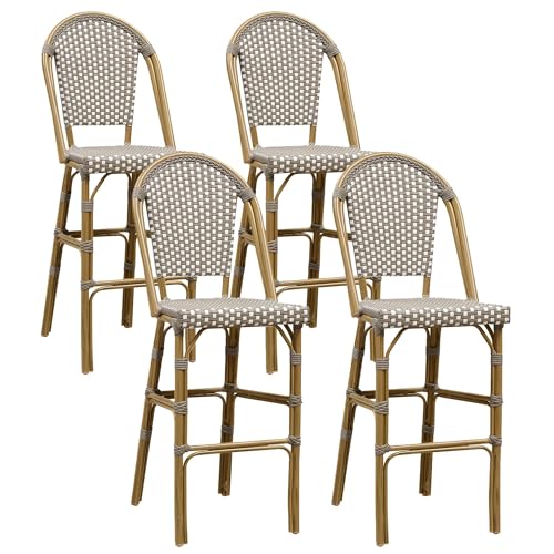PURPLE LEAF Barhocker 4er Set Extra Hoch Aluminium Barstuhl mit Lehne Tresenhocker PE Rattan Gartenstühle mit Bambus Print Finish, für Garten und Bar, Grau von PURPLE LEAF