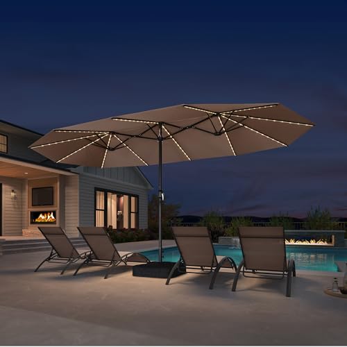 PURPLE LEAF Doppelsonnenschirm mit LED 455 x 270 cm, Sonnenschirm XXL, Oval Gartenschirm, Terrassenschirm mit Kurbel, UV Schutz, für Terrasse, Balkon, Café, Taupe von PURPLE LEAF
