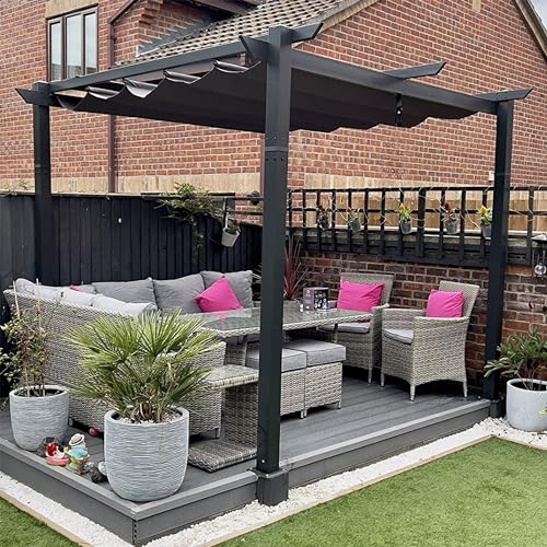 PURPLE LEAF Pergola 3 x 4 m Aluminium Pavillon Wasserdicht Sonnendach mit Schiebedach, Terrassenüberdachung Mit Markisenschutz für Garten Terrasse, UV Beschattung, Beige von PURPLE LEAF