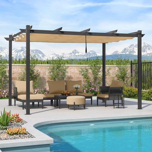 PURPLE LEAF Pergola 3 x 4 m Aluminium Garten Pavillon Wasserdicht Sonnendach mit Schiebedach, Terrassenüberdachung mit Markisenschutz für Garten Terrasse, UV Beschattung, Beige von PURPLE LEAF