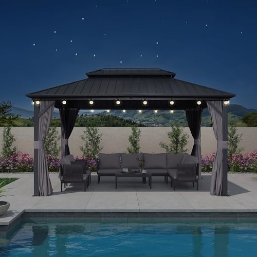 PURPLE LEAF Gartenpavillon 3 x 4.25 m Wasserdicht Stabil Winterfest, Basisch Alu Pavillon mit Stahldach Hardtop Pavillon mit Seitenteilen 14.6 m 24 LED Kugel Lichterkette für Terrasse, Grau von PURPLE LEAF