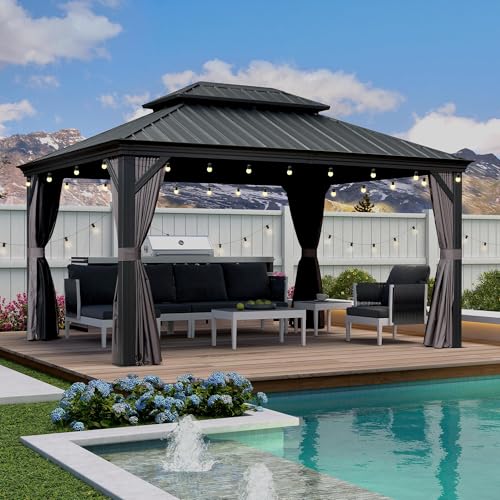 PURPLE LEAF Gartenpavillon 3.35 x 4.25 m Pavillon Wasserdicht Stabil Winterfest Alupavillon mit Stahldach Hardtop Pavillon 14.6 m 24 LED Lichterketten für Terrasse, Grau von PURPLE LEAF