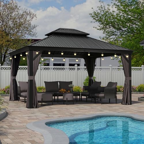 PURPLE LEAF Gartenpavillon 3.65 x 4.25 m Alupavillon Wasserdicht Stabil Winterfest Pavillon mit Stahldach Hardtop Pavillon 14.6 m 24 LED Lichterketten, Grau von PURPLE LEAF