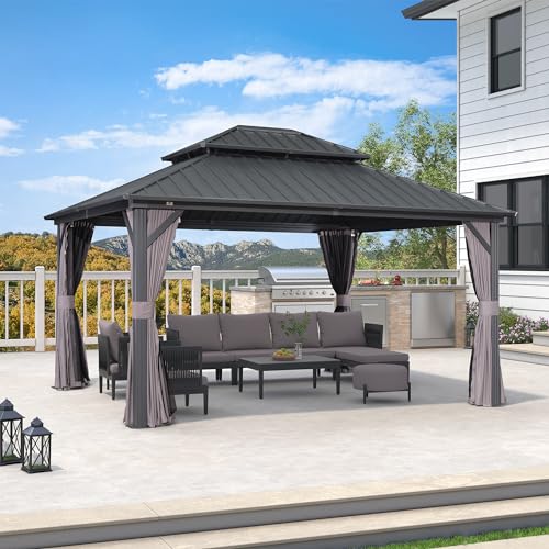 PURPLE LEAF Gartenpavillon 3.65 x 4.25 m Festem Dach, Basisch Pavillon Wasserdicht Stabil Winterfest Hardtop Pavillon mit Seitenwänden Alu Pavillon mit Stahldach, Grau von PURPLE LEAF