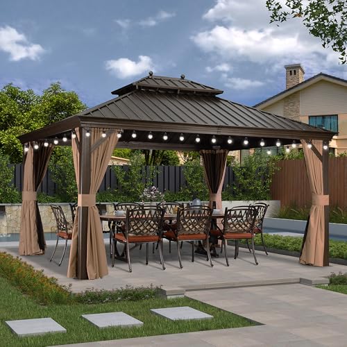 PURPLE LEAF Gartenpavillon 3.65 x 4.25 m Pavillon Wasserdicht Stabil Winterfest Alu Hardtop Pavillon mit Seitenteile 14.6 m 24 LED Lichterketten, Bronze von PURPLE LEAF