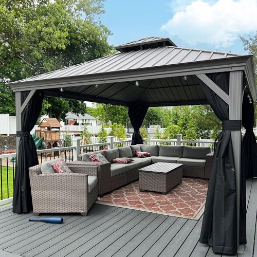 PURPLE LEAF Gartenpavillon 3.65 x 4.85 m Pavillon Wasserdicht Stabil Winterfest Hardtop Pavillon mit Seitenteile Alu Pavillon mit Stahldach, Hellgrau von PURPLE LEAF