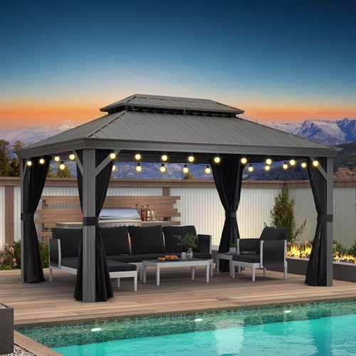 PURPLE LEAF Hardtop Pavillon 3 x 4.25 m Pavillon Wetterfest mit Seitenteile Alu Gartenpavillon 17 m 48 LED Lichterkette Glühbirnen, Hellgrau von PURPLE LEAF