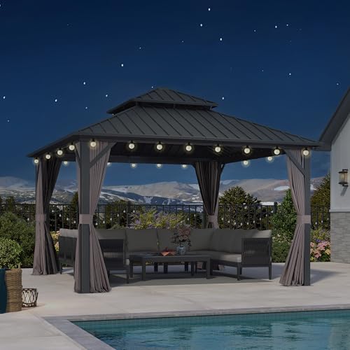 PURPLE LEAF Hardtop Pavillon 3.65 x 3.65 m Wasserdicht Stabil Winterfest, Basisch Gartenpavillon mit Festem Dach Alu Pavillon mit 14.6 m 24 LED Lichterketten für Terrasse, Grau PURPLE LEAF Hardtop Pavillon 3.65 x 3.65 m Wasserdicht Stabil Winterfest, Basisch Gartenpavillon mit Festem Dach Alu Pavillon mit 14.6 m 24 LED Lichterketten für Terrasse, Grau von PURPLE LEAF