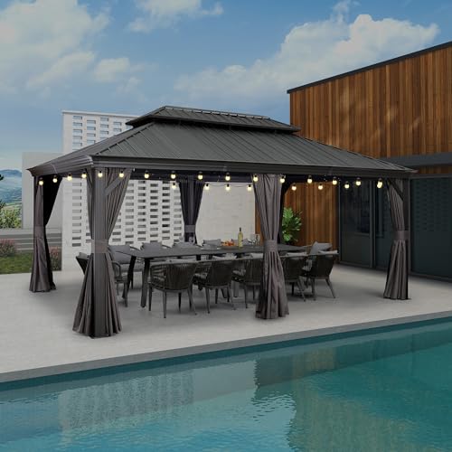 PURPLE LEAF Hardtop Pavillon 3.65 x 5.45 m Gartenpavillon Wasserdicht Stabil Winterfest Alu Pavillon Gartenpavillon 21.9 m 36 LED Kugel Lichterkette, Grau von PURPLE LEAF