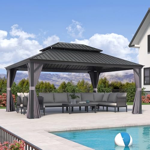 PURPLE LEAF Hardtop Pavillon 4 x 5.2 m Wasserdicht Stabil Winterfest Gartenpavillon mit Festem Dach Alu Pavillon mit Seitenteilen für Terrasse, Grau von PURPLE LEAF