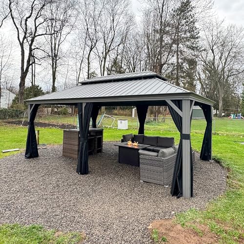 PURPLE LEAF Hardtop Pavillon mit Aluminium Rahmen 3.65 x 6 m Doppeldach Pavillon mit Moskitonetz und Vorhänge Gartenpavillon Wetterfest, Hellgrau von PURPLE LEAF