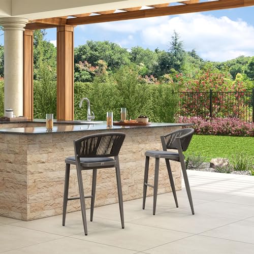 PURPLE LEAF Hoher Barhocker 2er Set, Gartenstühle mit Alu-Gestell Tresenhocker Rattan, Designer Barstuh, mit Fußstütze & Lehne, Gepolsterte Sitze, für Bar, Cafés, Steingrau von PURPLE LEAF