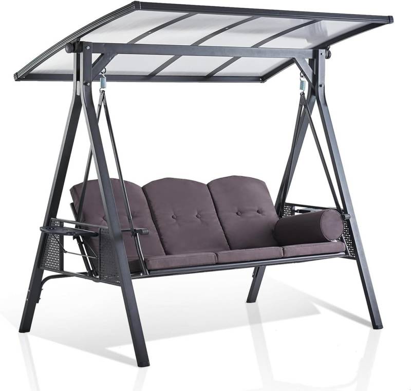 PURPLE LEAF Hollywoodschaukel Außenbereich 3-Sitzer Schaukelstuhl mit Wetterbeständigem Stahlrahmen, 3,00-Sitzer, PVC Hardtop, für Garten,Terrasse von PURPLE LEAF
