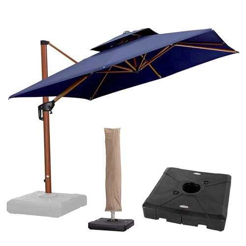 PURPLE LEAF Holzoptik Sonnenschirm 270 x 270 cm mit Ständer Doppeldach Ampelschirm mit Kurbel 360°Drehbar Alu Rechteckig Sonnenschirme UV 50+ Wasserabweisend Gartenschirm Groß für Pool, Marineblau von PURPLE LEAF