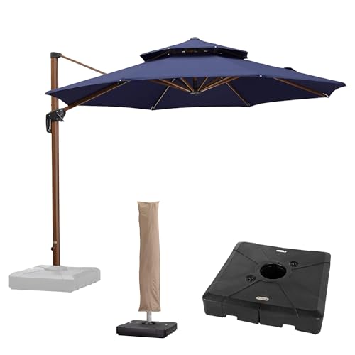 PURPLE LEAF Holzoptik Sonnenschirm 330 cm mit Ständer Doppeldach Ampelschirm mit Kurbel 360°Drehbar Alu Rund Sonnenschirme UV 50+ Wasserabweisend Gartenschirm Groß für Pool Garten, Marineblau von PURPLE LEAF