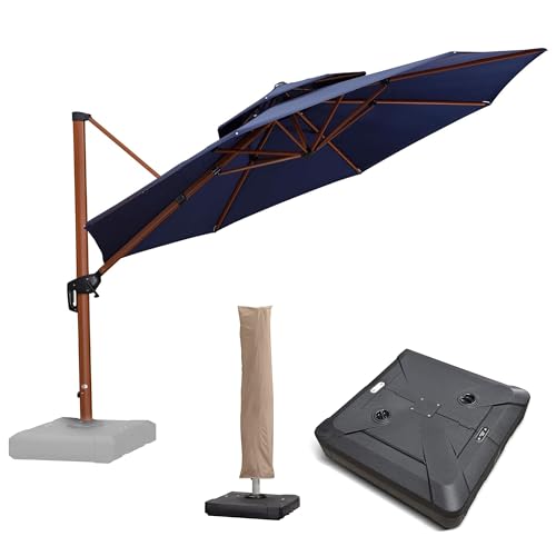 PURPLE LEAF Holzoptik Sonnenschirm 365 cm mit Ständer Doppeldach Ampelschirm mit Kurbel 360°Drehbar Alu Rund Sonnenschirme UV 50+ Wasserabweisend Gartenschirm Groß für Pool Garten, Marineblau von PURPLE LEAF