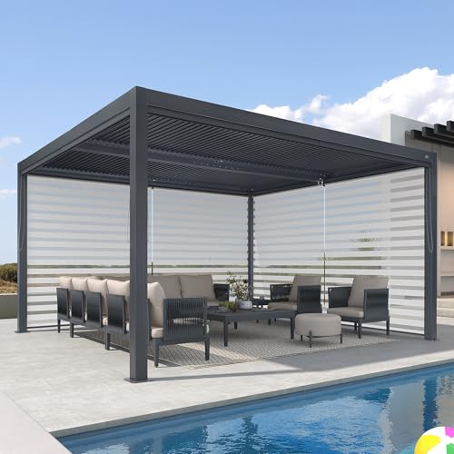 PURPLE LEAF Lamellenpergola 3.65 x 4.25 m mit Rollos Alu Pergola Freistehend Wasserdicht Stabil Winterfest Lamellenpavillon für Gartren, 1 Lange Seite und 1 Kurze Seite, Grau von PURPLE LEAF