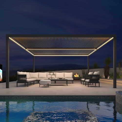 PURPLE LEAF Lamellenpergola 3.65 x 4.8 m Alu Pergola mit LED-Leuchten Wasserdicht Stabil Winterfest Pavillon mit Verstellbaren Aluminium-Lamellen für Terrasse, Grau PURPLE LEAF Lamellenpergola 3.65 x 4.8 m Alu Pergola mit LED-Leuchten Wasserdicht Stabil Winterfest Pavillon mit Verstellbaren Aluminium-Lamellen für Terrasse, Grau von PURPLE LEAF