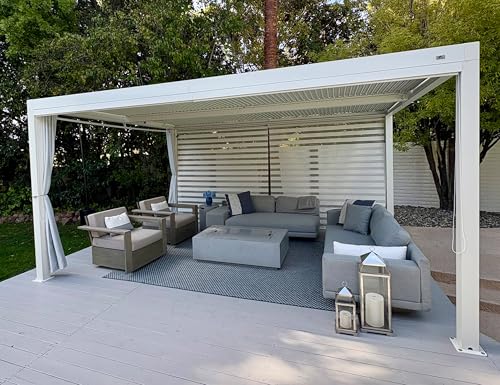 PURPLE LEAF Lamellenpergola 3.65 x 4.8 m mit Rollos Alu Pergola mit Lamellendach Wasserdicht Stabil Winterfest Lamellenpavillon für Terrasse, 1 Lange Seite und 1 Kurze Seite, Weiß von PURPLE LEAF