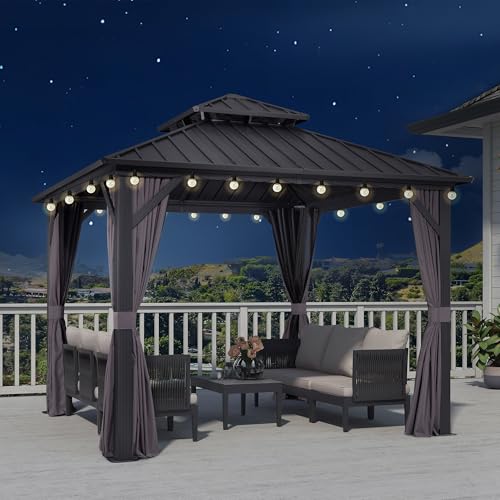 PURPLE LEAF Pavillon 3 x 3 m Wasserdicht Stabil Winterfest, Basisch Gartenpavillon mit Stahldach Hardtop Pavillon mit Seitenwänden mit 14.6 m 24 LED Lichterkette Glühbirnen für Terrasse, Grau von PURPLE LEAF