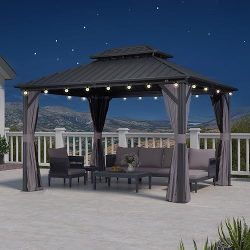 PURPLE LEAF Pavillon 3 x 3.65 m Wasserdicht Stabil Winterfest, Basisch Gartenpavillon mit Seitenteilen Stahldach Hardtop Pavillon mit 14.6 m 24 LED Lichterketten für Grillpavillon, Grau von PURPLE LEAF