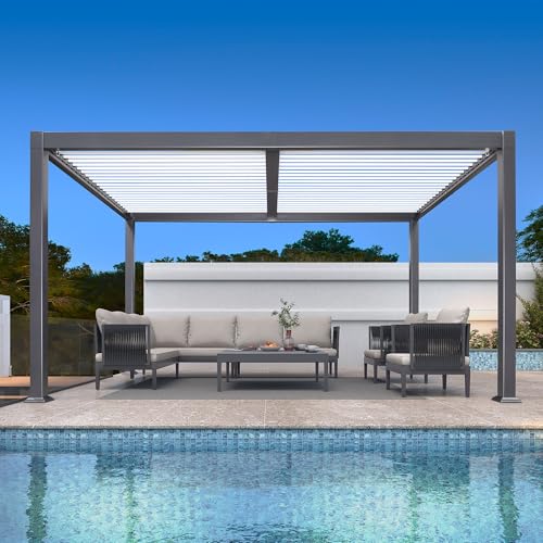 PURPLE LEAF Pergola 3 x 4.2 m Wasserdicht Stabil Pergola mit Lamellendach Alu Terrassenüberdachung Lamellenpergola Hardtop Pavillon für Garten, Grauer Rahmen und Weißes Dach von PURPLE LEAF