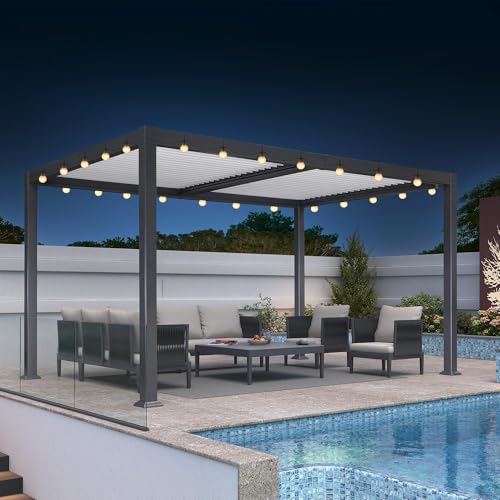 PURPLE LEAF Pavillon 3 x 4.2 m Wasserdicht Stabil Winterfest Pergola Lamellendach Terrassenüberdachung mit 14.6 m 24 LED Kugel Lichterkette für Gartren, Grauer Rahmen und Weißes Dach von PURPLE LEAF