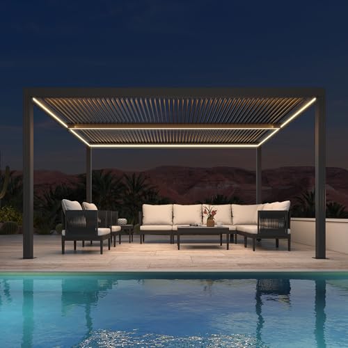 PURPLE LEAF Pavillon 3 x 4.25 m Lamellenpergola mit LED Lichtleiste Wasserdicht Stabil Winterfest Alu Pergola mit Verstellbaren Aluminium-Lamellen für Gartren, Grau PURPLE LEAF Pavillon 3 x 4.25 m Lamellenpergola mit LED Lichtleiste Wasserdicht Stabil Winterfest Alu Pergola mit Verstellbaren Aluminium-Lamellen für Gartren, Grau von PURPLE LEAF