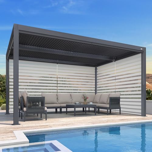 PURPLE LEAF Pavillon 3 x 4.25 m mit Sonnenrollo Alu Pergola mit Lamellendach Wasserdicht Stabil Winterfest Lamellenpergola für Gartren, 1 Lange Seite und 1 Kurze Seite, Grau von PURPLE LEAF