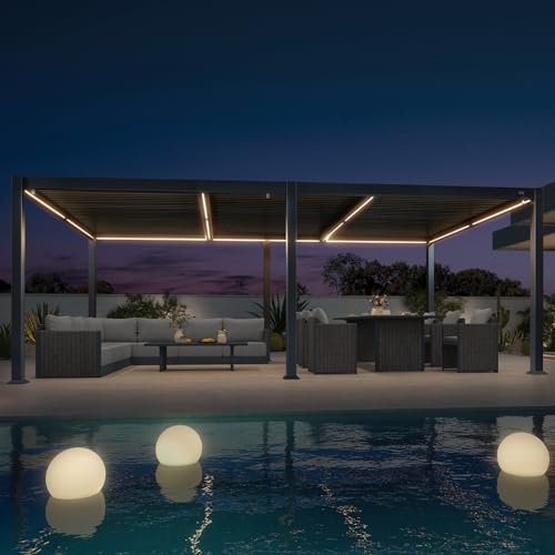 PURPLE LEAF Pavillon 3.5 x 6.25 m mit Lamellendach Terrassenüberdachung Wasserdicht Stabil Winterfest Pergola Freistehend Verstellbaren Alu-Lamellen mit LED-Lichtleiste, Grau von PURPLE LEAF