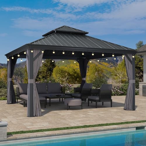 PURPLE LEAF Pavillon 4 x 4 m Wasserdicht Stabil Winterfest Gartenpavillon Hardtop Pavillon mit Seitenteile Alupavillon 14.6 m 24 LED Kugel Lichterkette für Terrasse, Grau von PURPLE LEAF