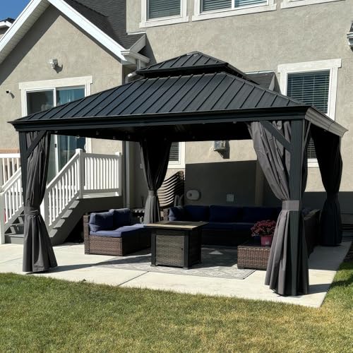 PURPLE LEAF Pavillon 4 x 4 m Wasserdicht Stabil Winterfest Gartenpavillon mit Stahldach Hardtop Pavillon mit Seitenteile Alupavillon, Grau von PURPLE LEAF