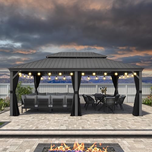 PURPLE LEAF Pavillon 4.25 x 5.95 m Hardtop Pavillon Wasserdicht Winterfest Stabil Alu mit Seitenteile 17 m 48 LED Lichterkette Glühbirnen, Hellgrau von PURPLE LEAF