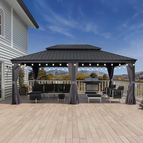 PURPLE LEAF Pavillon 4.25 x 6 m Wasserdicht Stabil Winterfest Hardtop Pavillon mit Stahldach Gartenpavillon mit Seitenteile 29.2 m 48 LED Lichterketten für Partyzelt, Grau von PURPLE LEAF